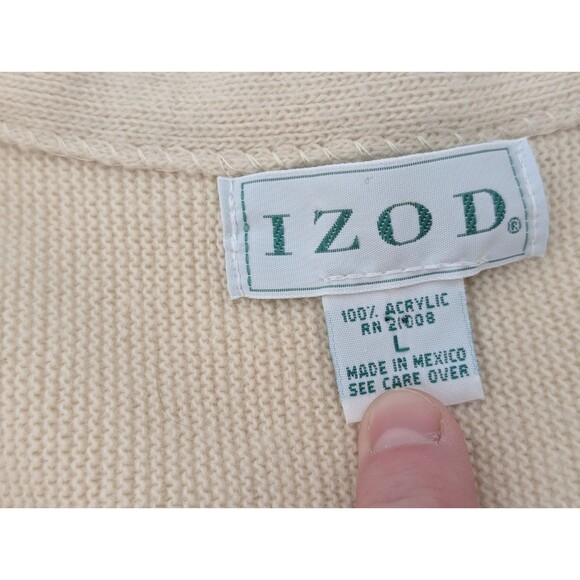 Izod Preppy Collegiate Cream Button Up Logo Vintage Cardigan Sweater Size Large - Picture 3 of 8